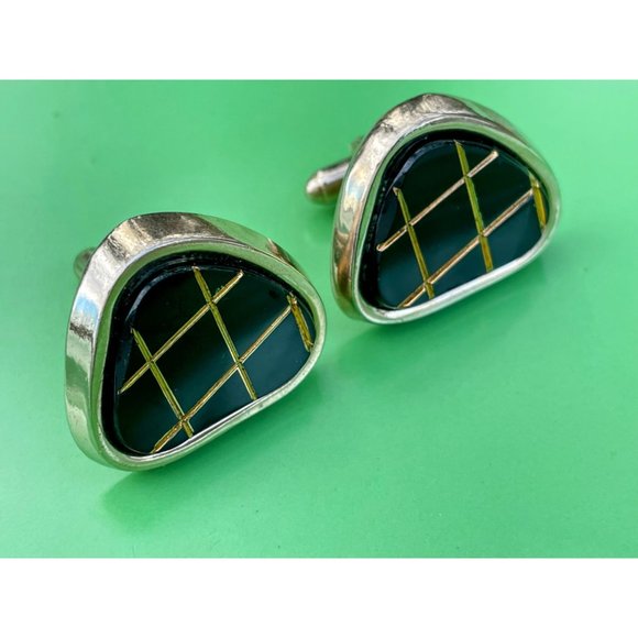 Vintage 1960s Chunky Mens Cufflinks Black Glass Matrix - Picture 6 of 8